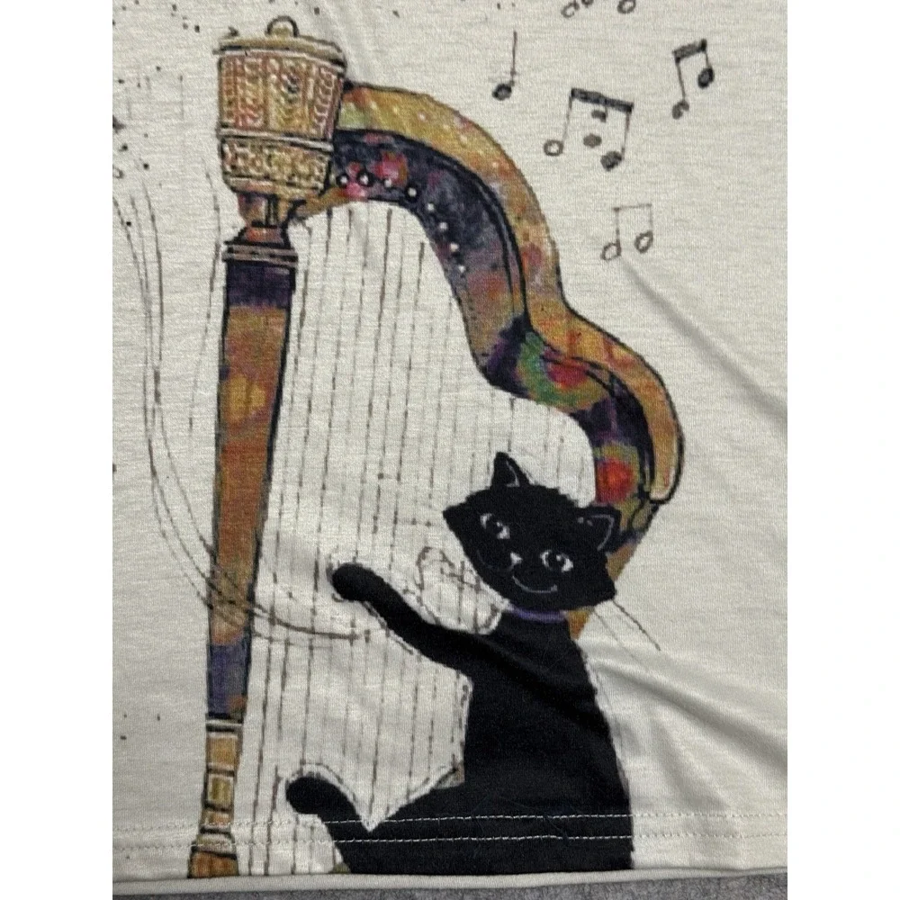Unbranded Whimsical Cats Music Graphic Tee Women's V-Neck Dolman Art Print L/XL